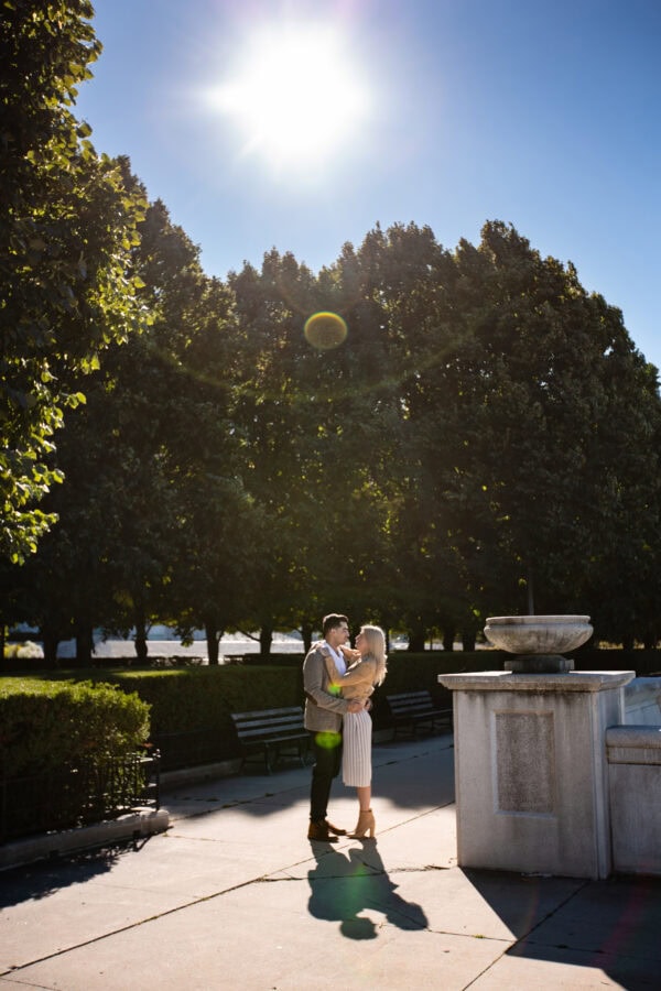 engaged couple poses for a photo at museum campus chicago