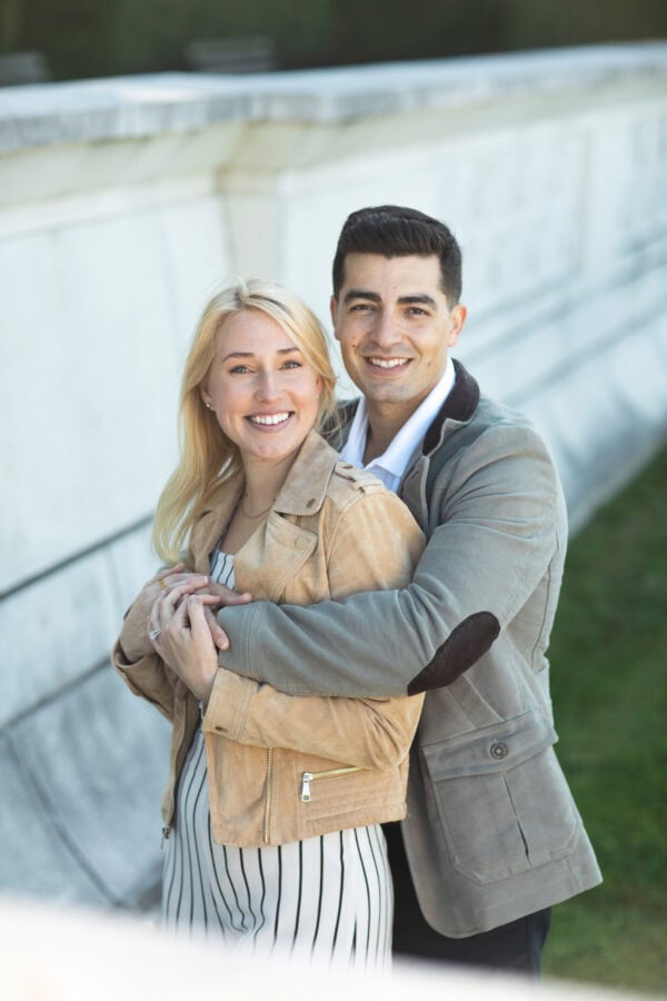 engaged couple poses for a photo at museum campus chicago