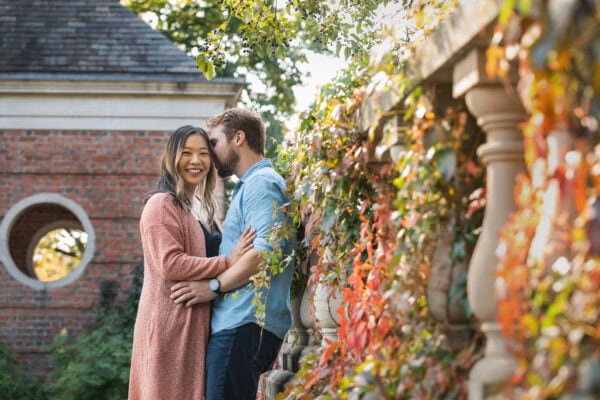 engaged couple poses for a photo at chicago botanic gardens