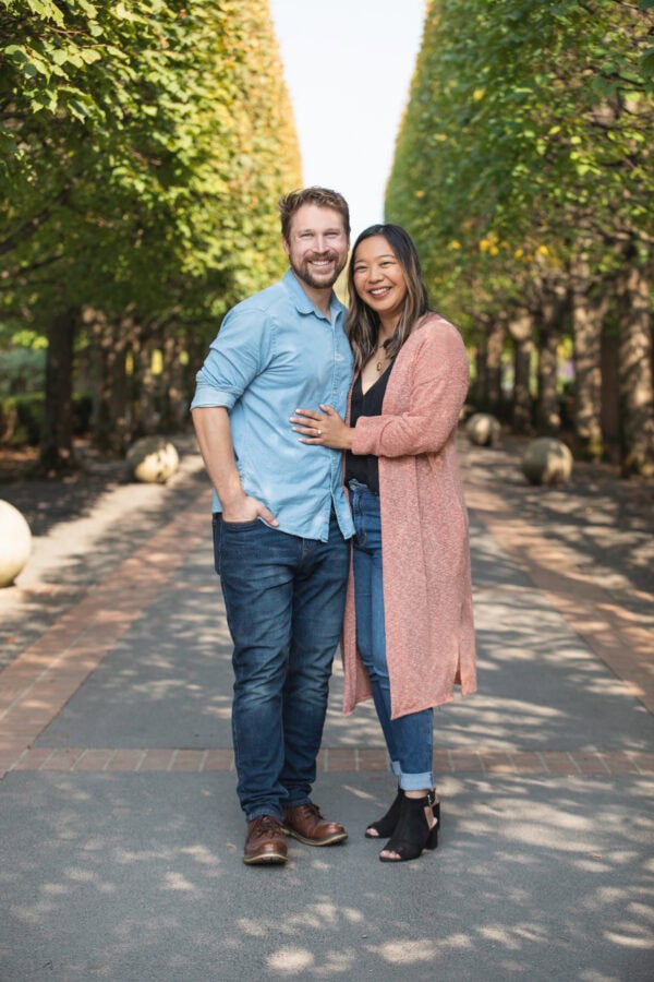 engaged couple poses for a photo at chicago botanic gardens