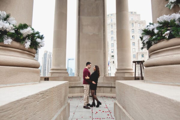 engaged couple poses for a photo at the londonhouse chicago